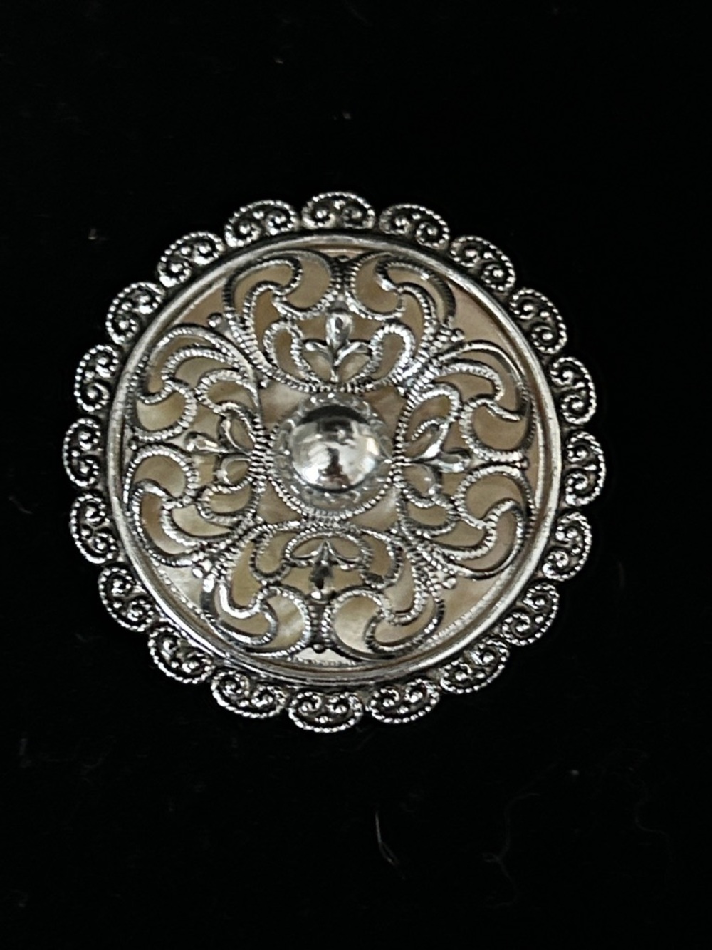 Silver Filigree Round Brooch with Center Dome